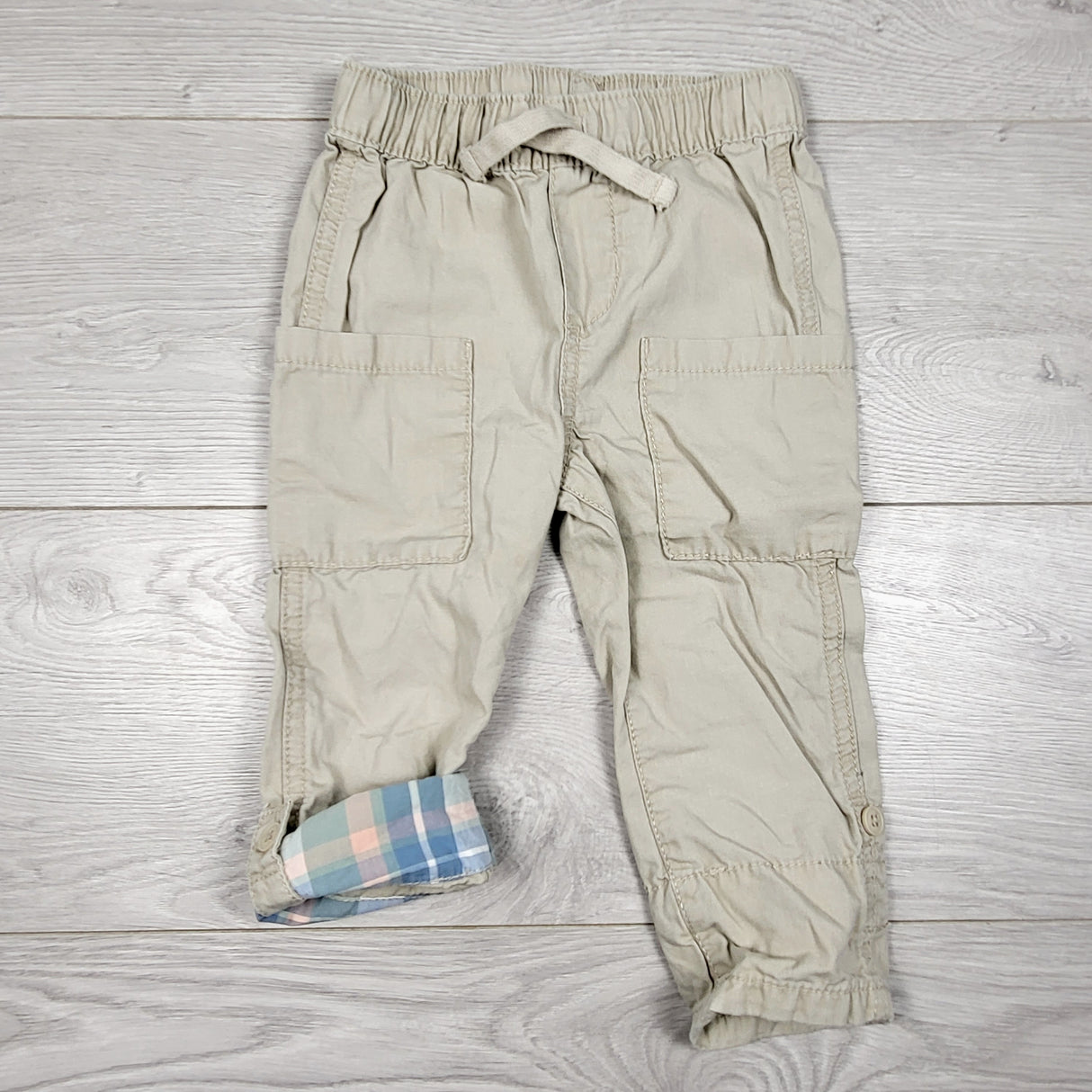 Baby B'gosh khaki pull on drawstring pants with roll button cuffs. Size 18 months