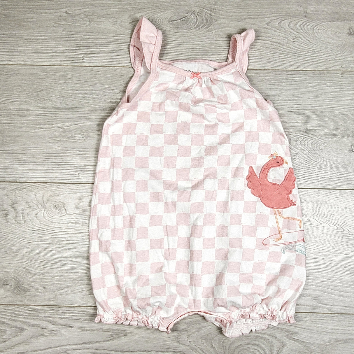 Carters pink checkered romper with flamingo. Size 24 months