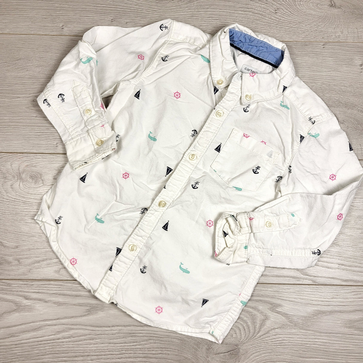 Carters white button down shirt with nautical theme. Size 4T