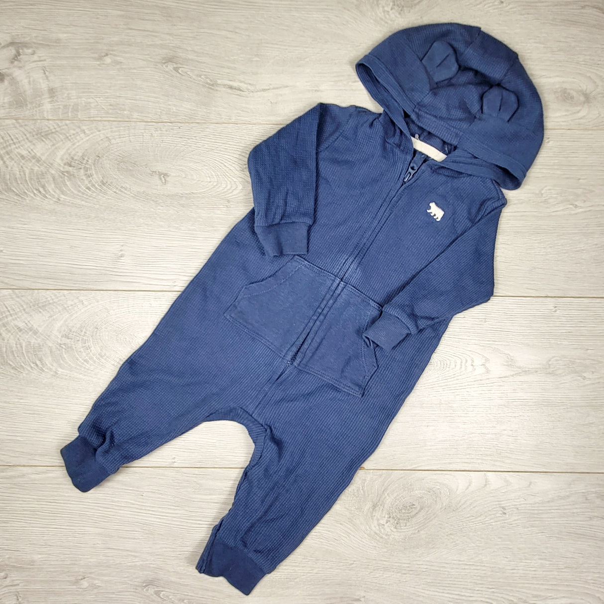 Carters blue hooded waffle knit romper. Size 6 months