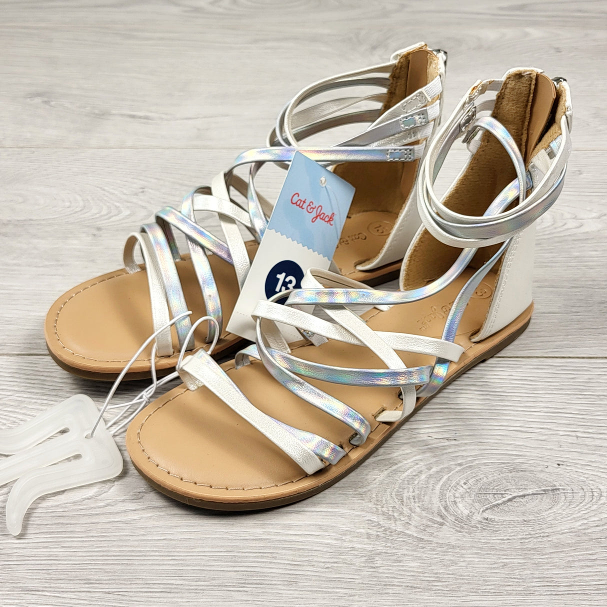 NEW - Cat and Jack white and silver metallic strappy sandals. Size 13