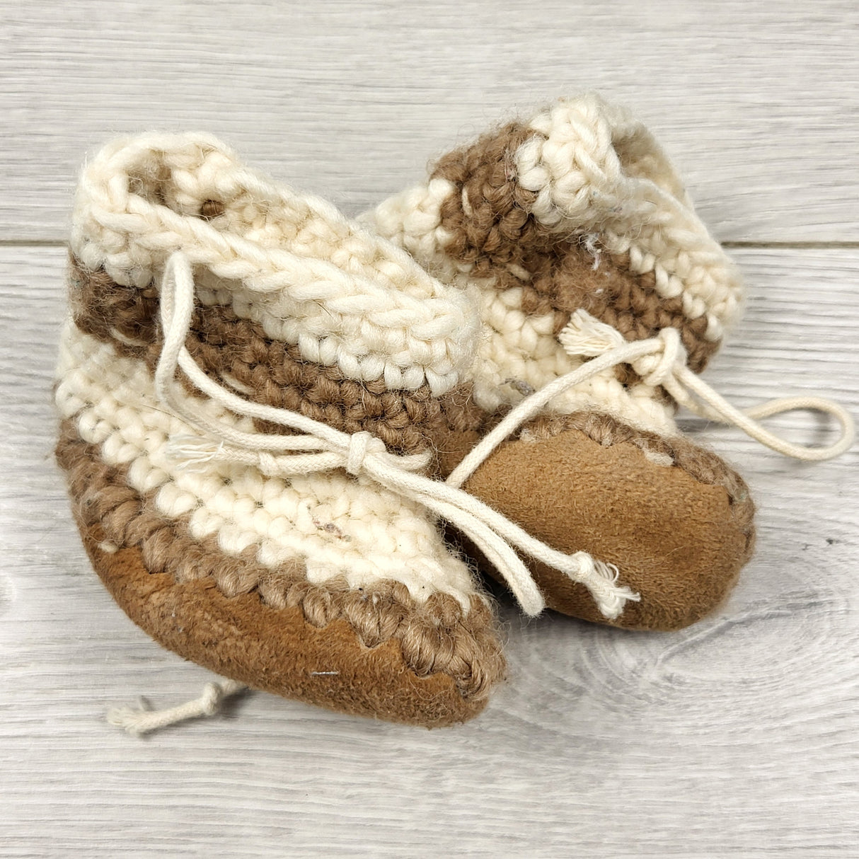 Handmade cream and brown booties. Size like 0-6 months
