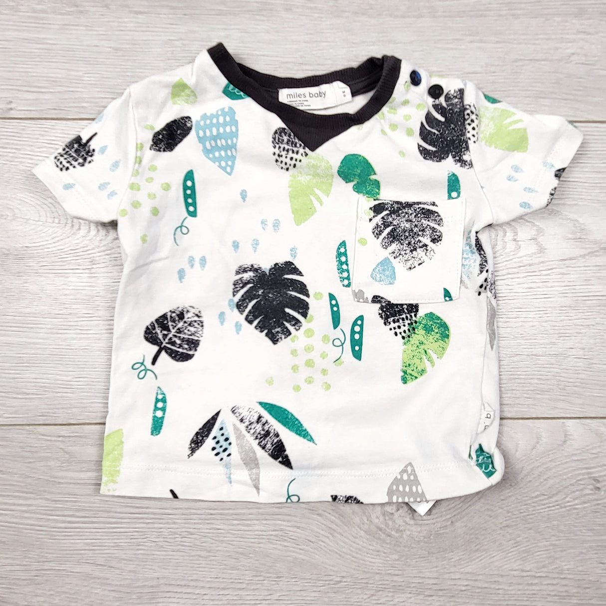 Miles Baby white leaf printed t-shirt. Size 3 months