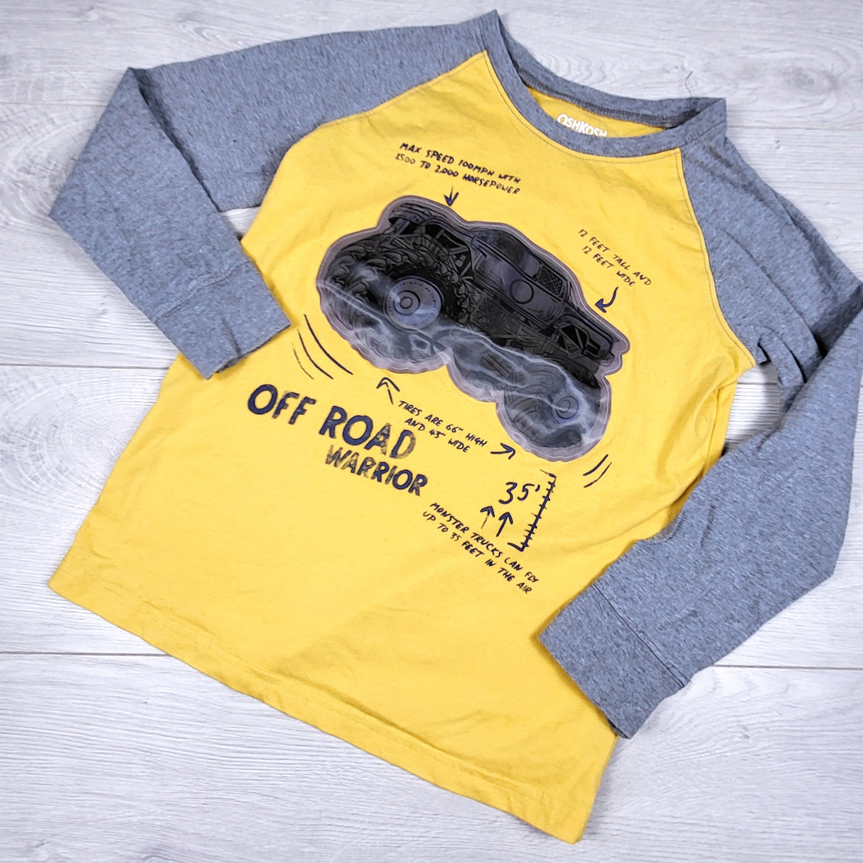 Oshkosh yellow and grey long sleeved "Off Road" top. Size 8