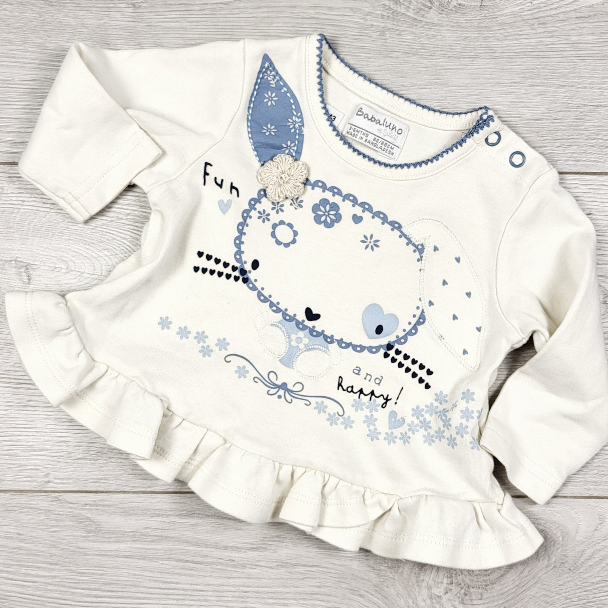 Babaluno white and blue top with dog. Size 3-6 months