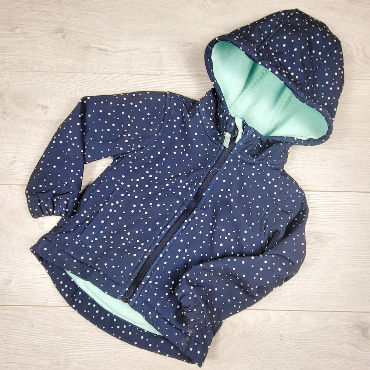Athletic Works navy polka dot fleece lined soft shell rain coat. Size 2T