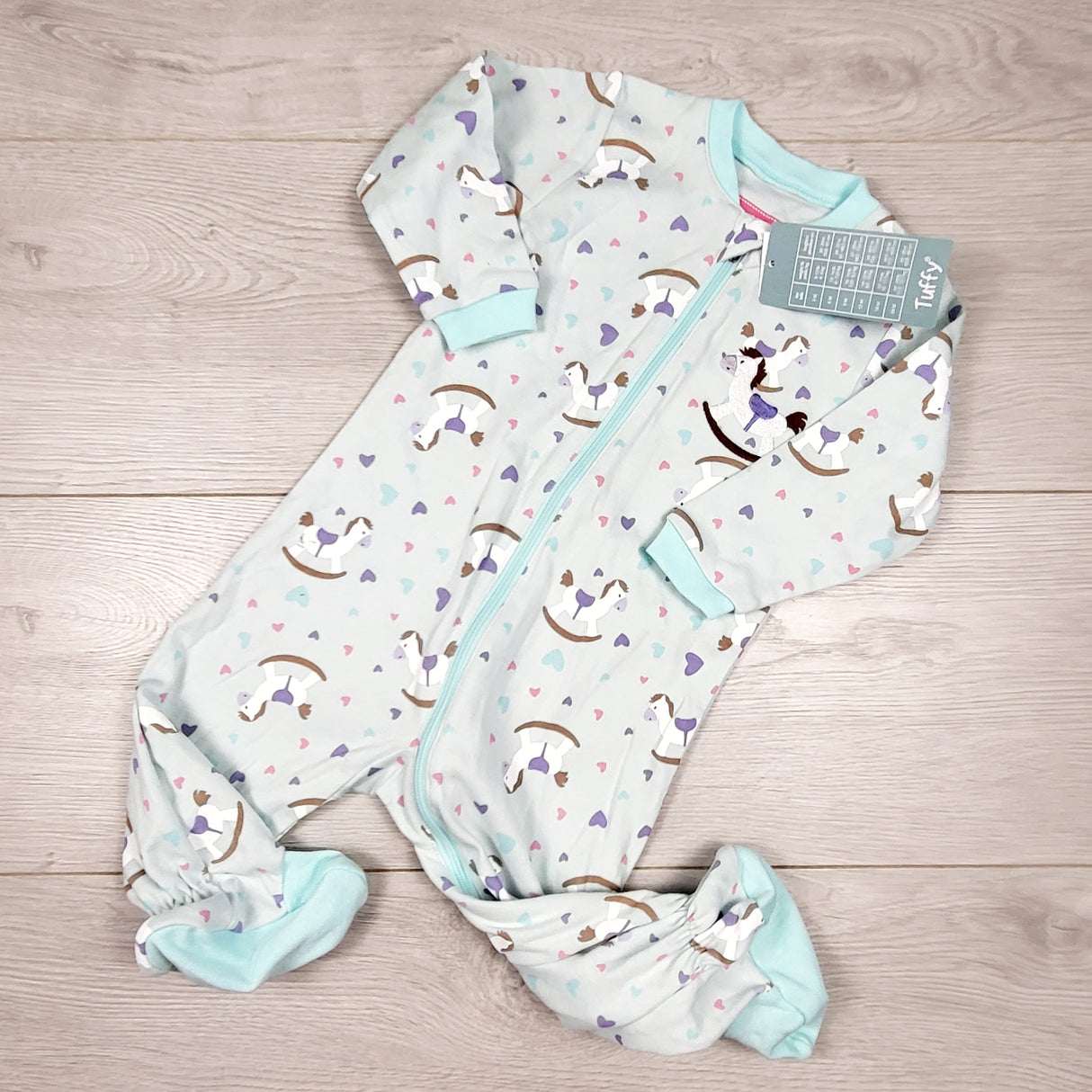 NEW - Tuffy mint zippered sleeper with rocking horses. Size 6 months