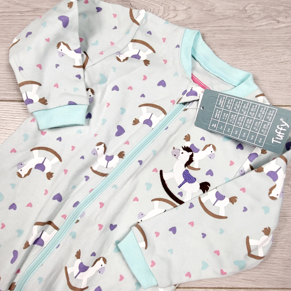 NEW - Tuffy mint zippered sleeper with rocking horses. Size 6 months