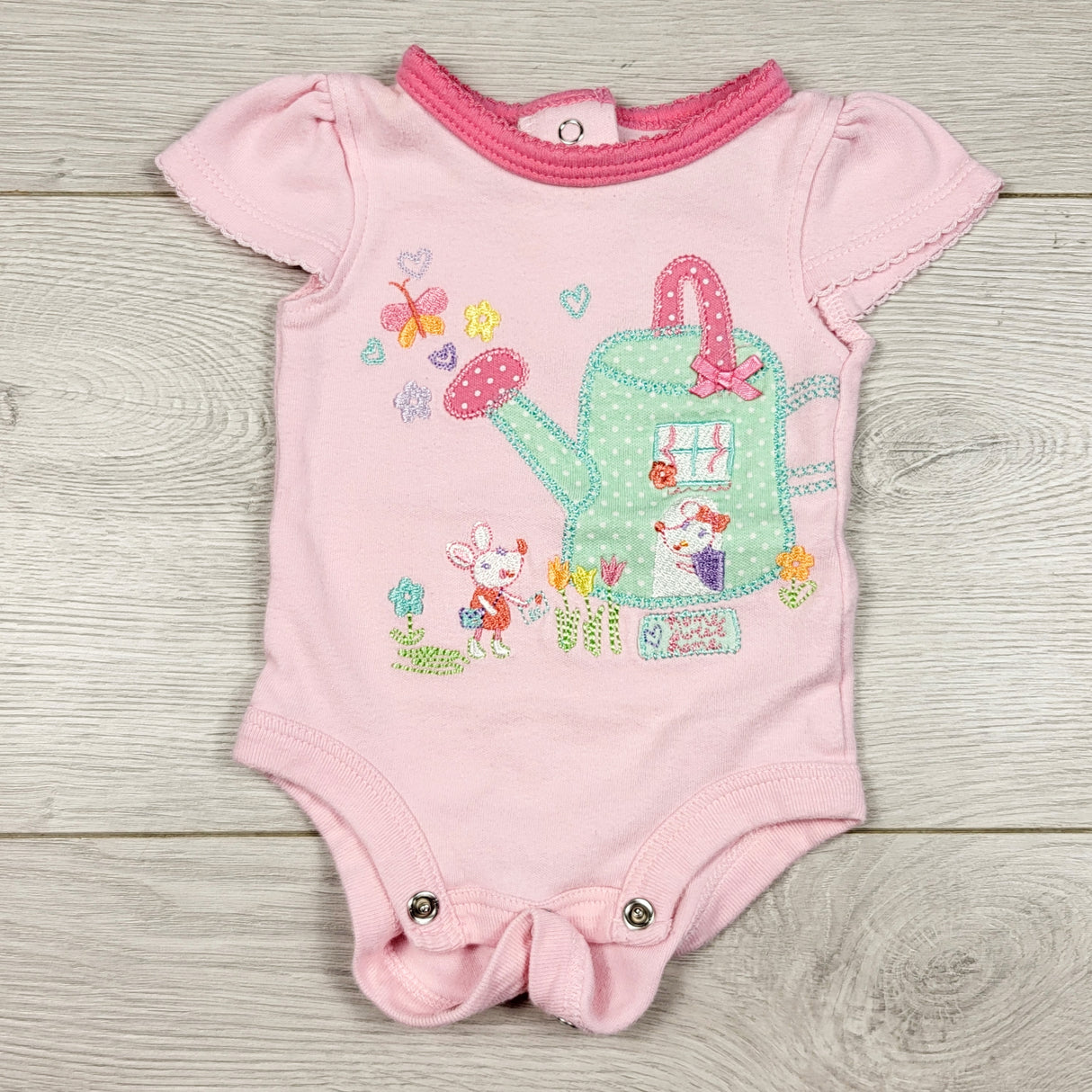 Babies R Us pink bodysuit with watering can. Newborn size