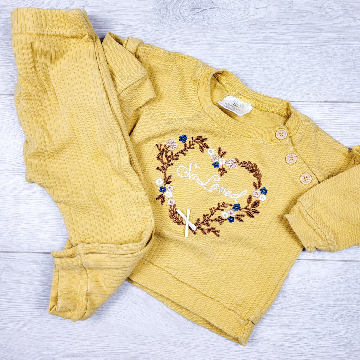 Baby Mode yellow ribbed 2pc set "So Loved." Size 18 months