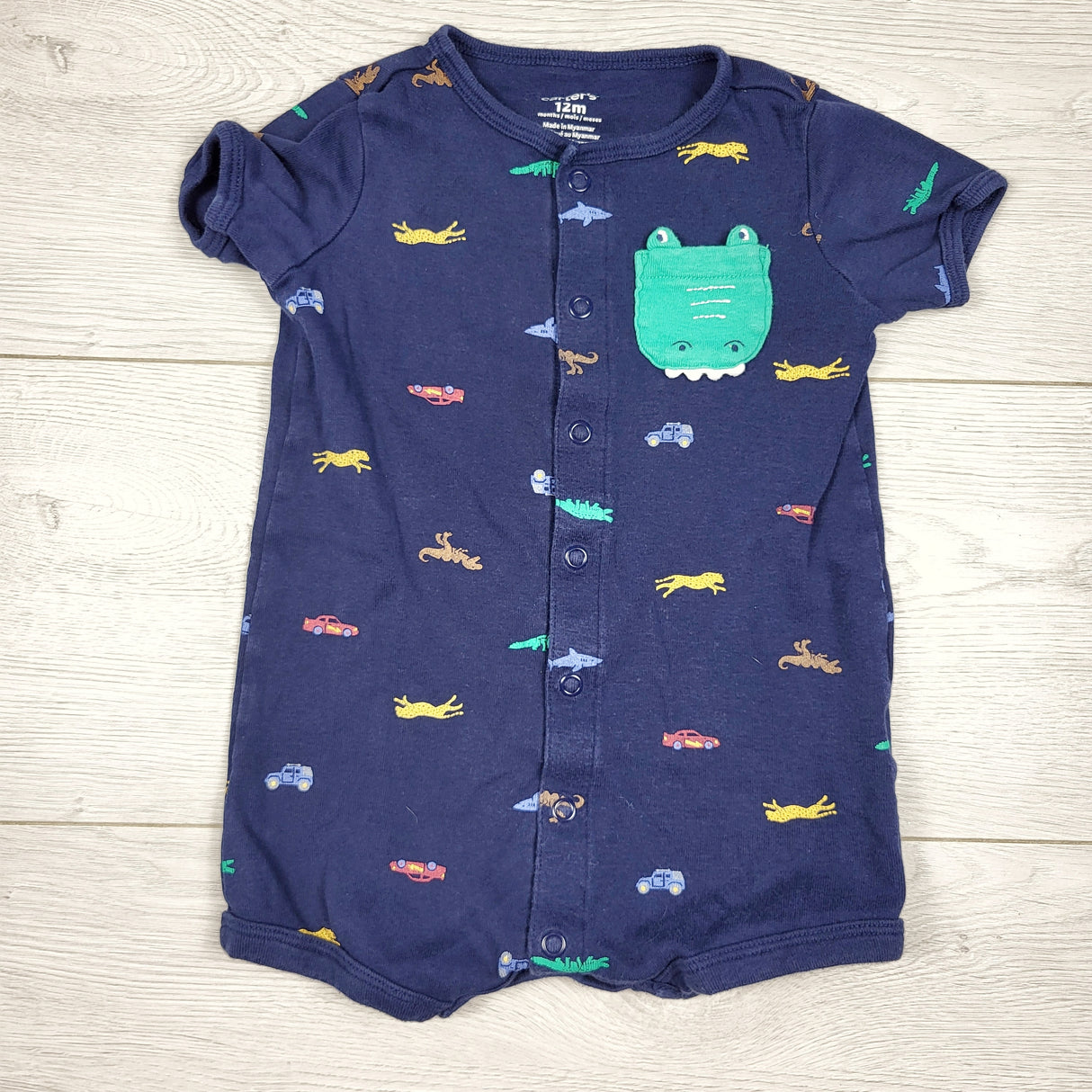 Carters navy cotton romper with animals. Size 12 months