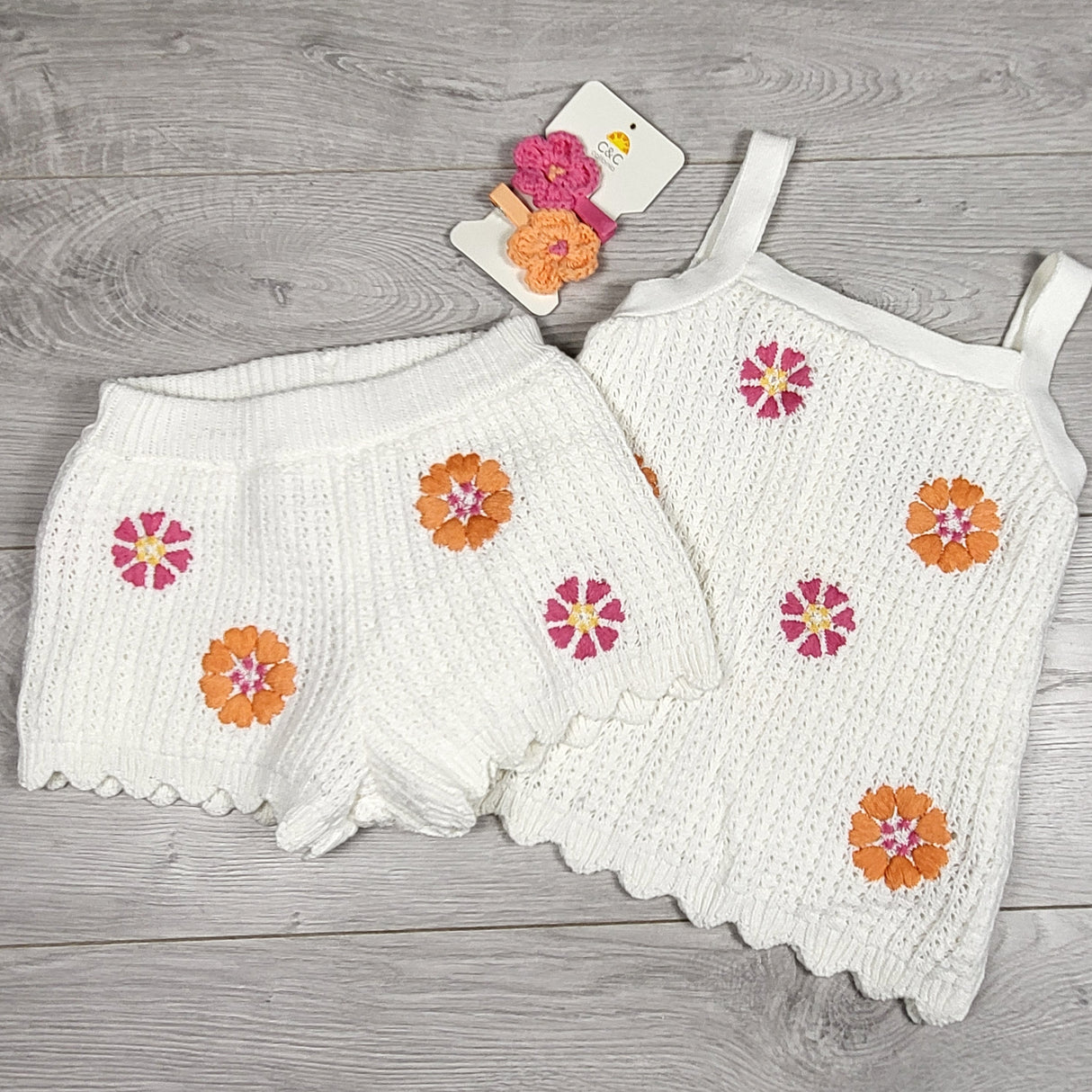 C and C California Kids white knit set with flowers. Size 2T