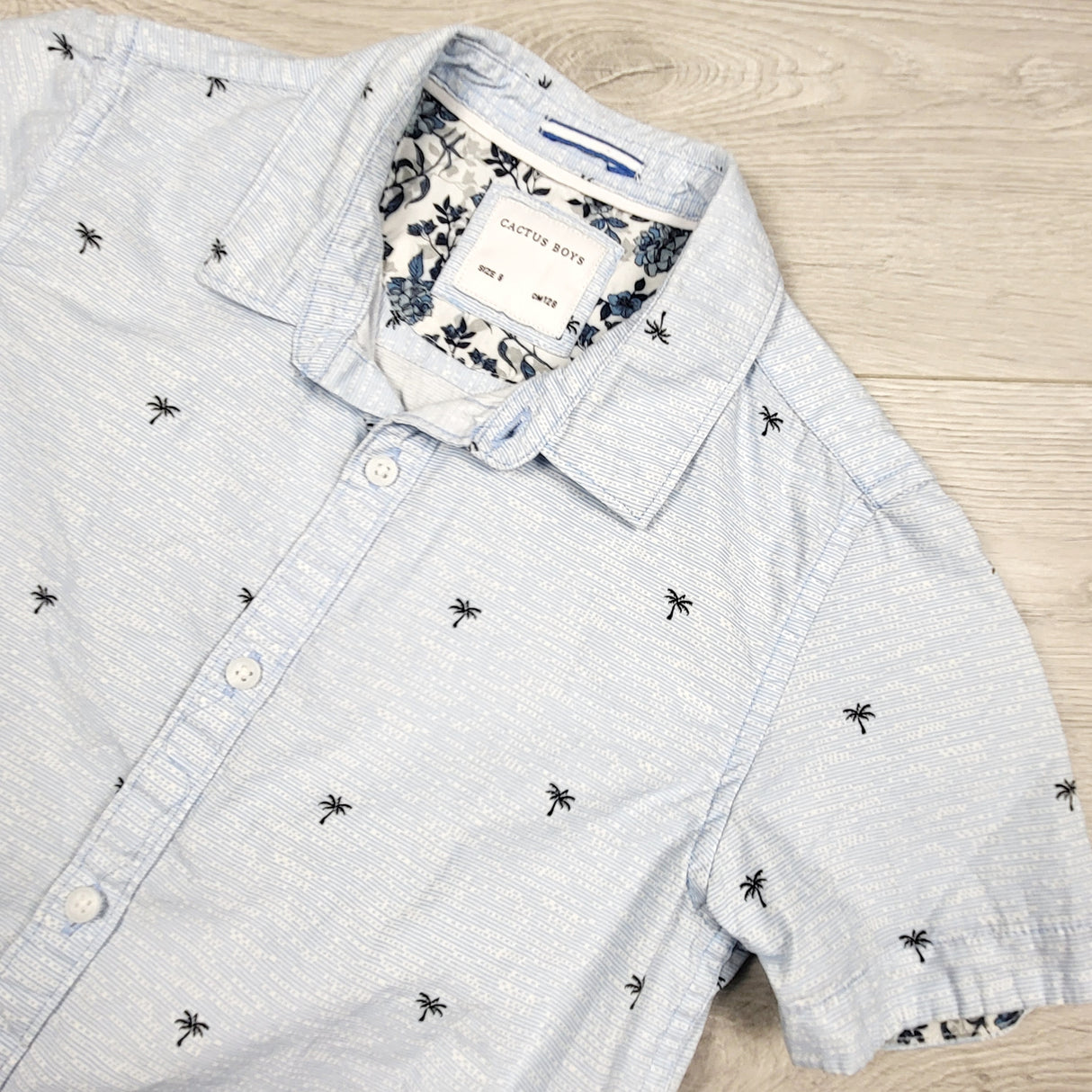 Cactus Boys blue button down shirt with palm trees. Size 8