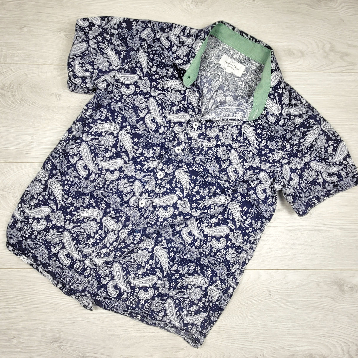 Rue Saint-Patrick navy paisley pattern button down shirt. Size 10