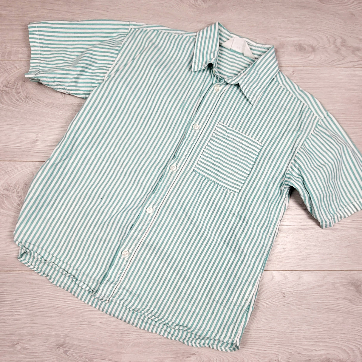 H and M teal striped linen blend button down shirt. Size 8/9