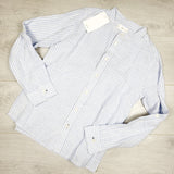 NEW - MNG (Mango) blue striped collarless linen blend button down shirt. Size 10