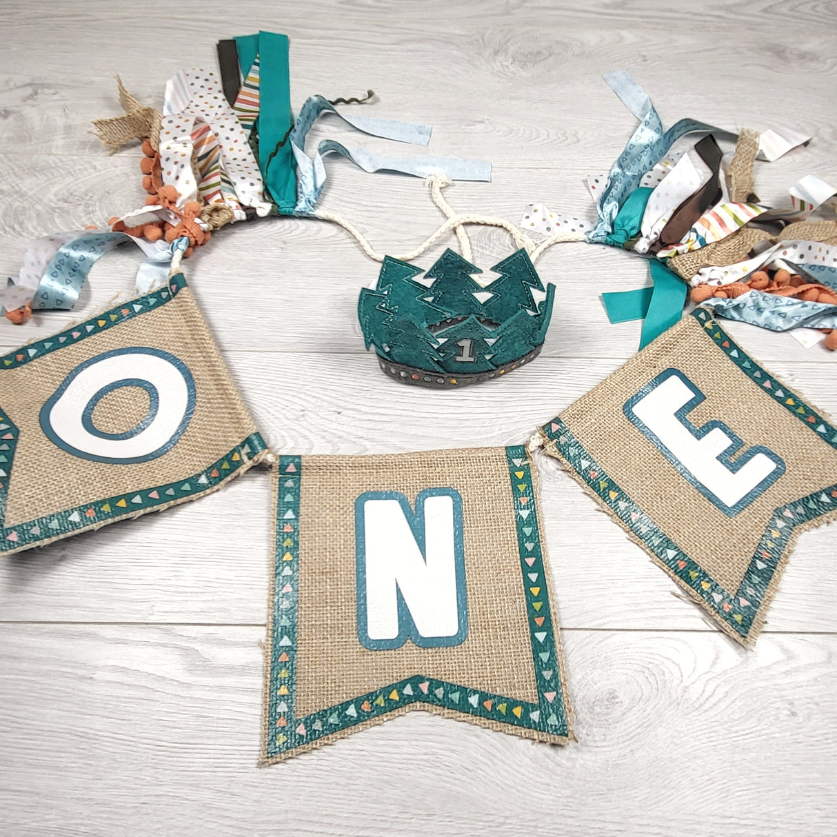 Wilderness themed "One" highchair banner and felt crown