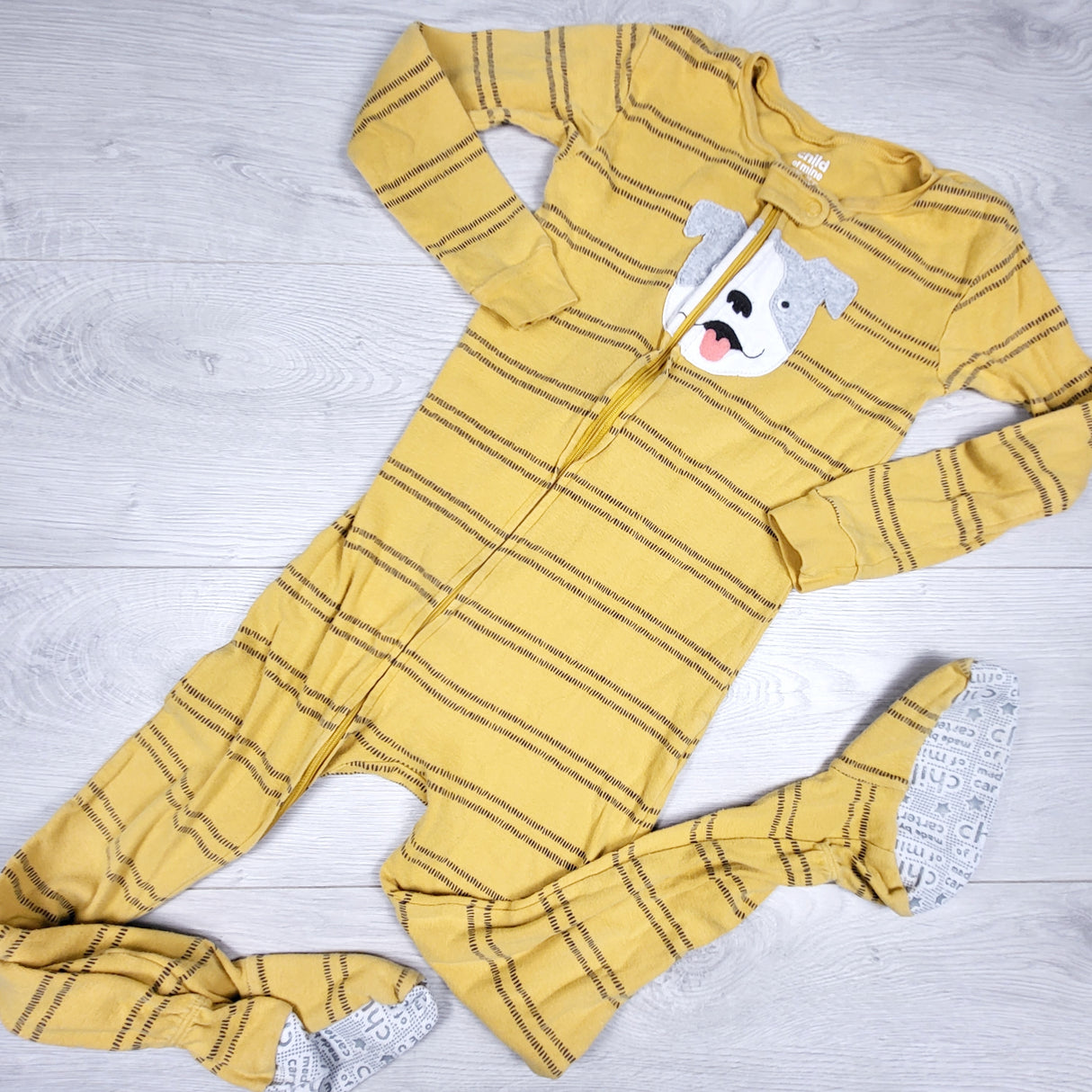 Child of Mine yellow striped zippered sleeper with dog. Size 5T