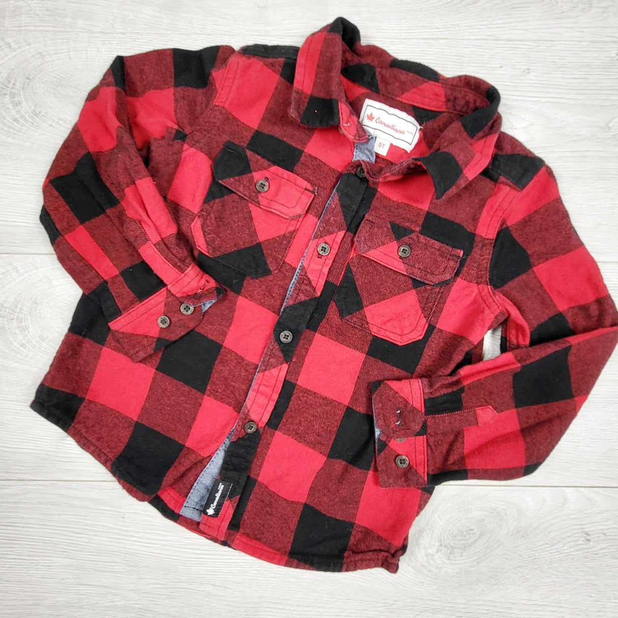Canadiana red buffalo plaid button down flannel shirt. Size 5T