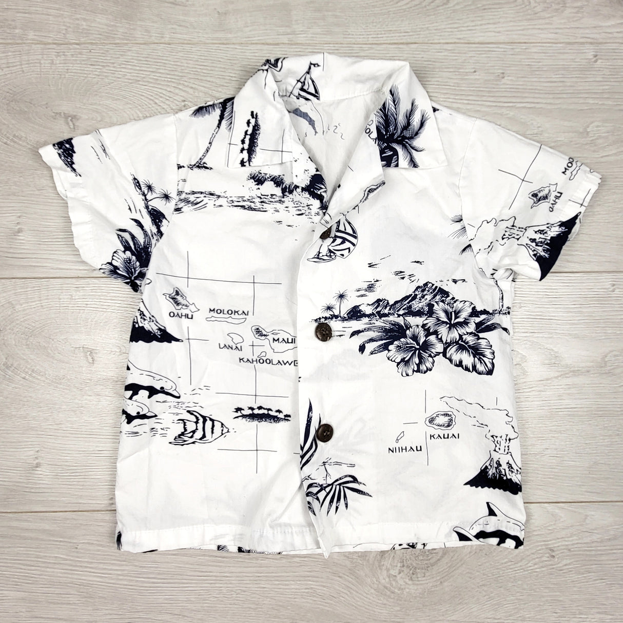 White and navy Hawaiian print button down shirt. Sizes like 2T