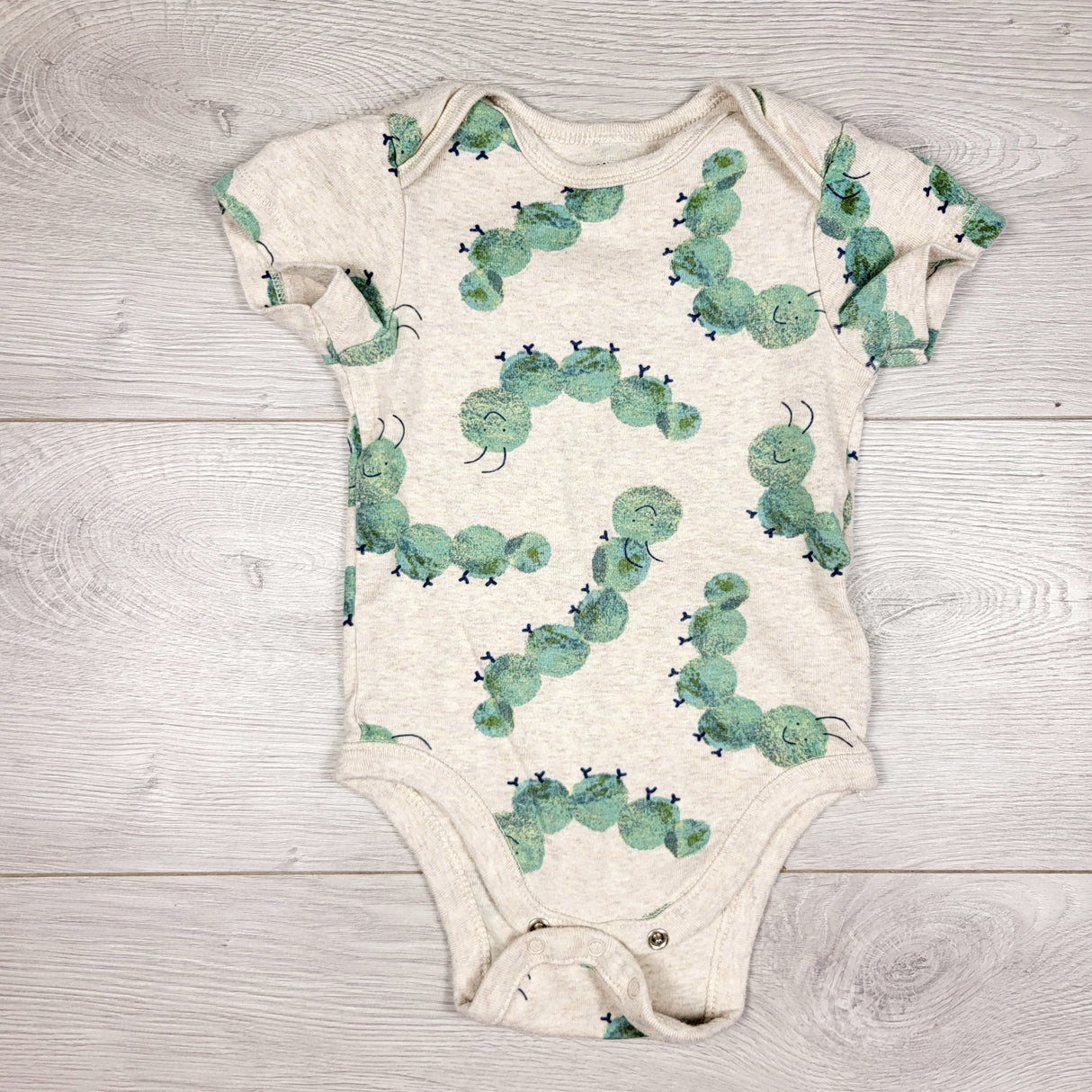 Old Navy beige bodysuit with caterpillars. Size 12-18 months