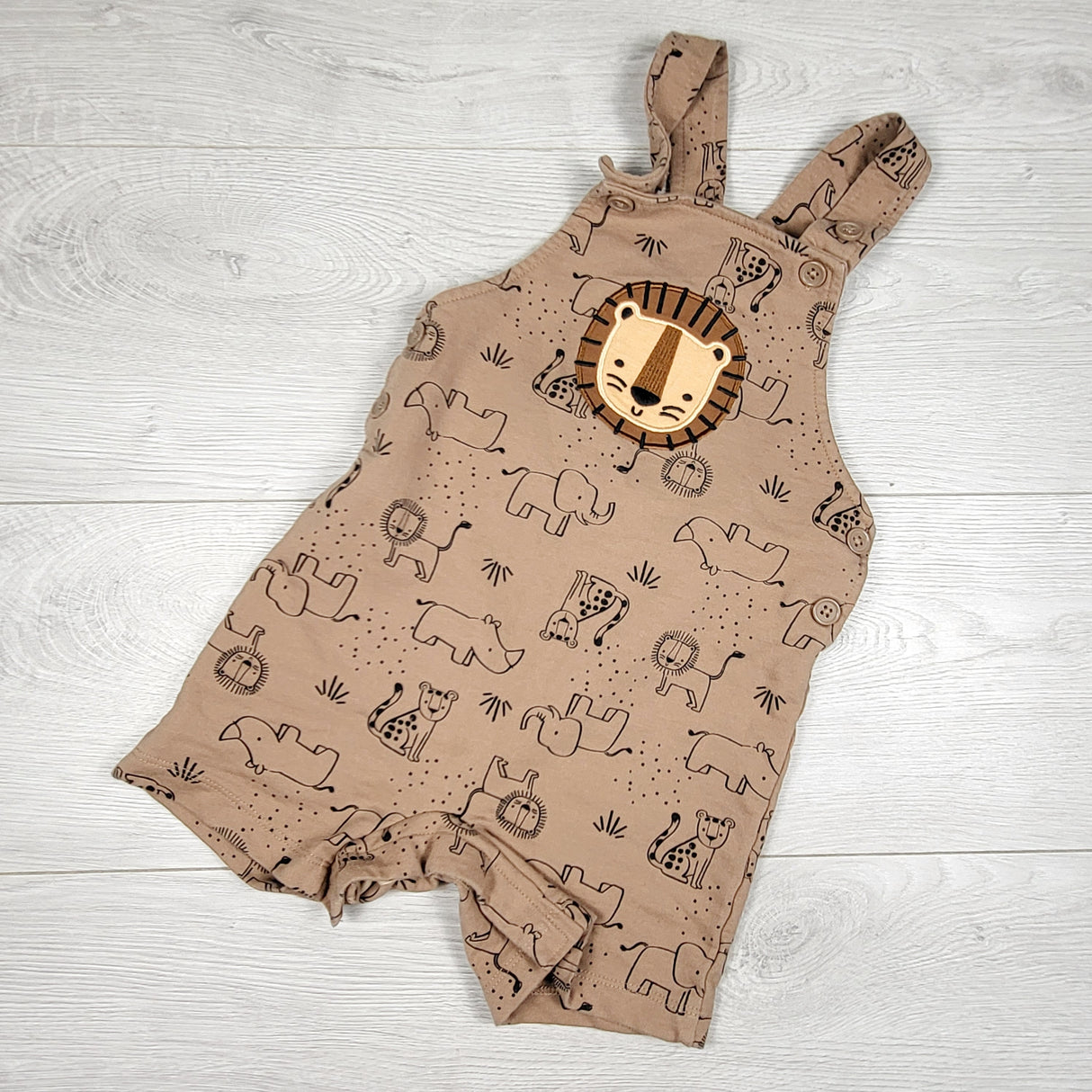 Pekkle brown cotton shortalls with lion. Size 24 months
