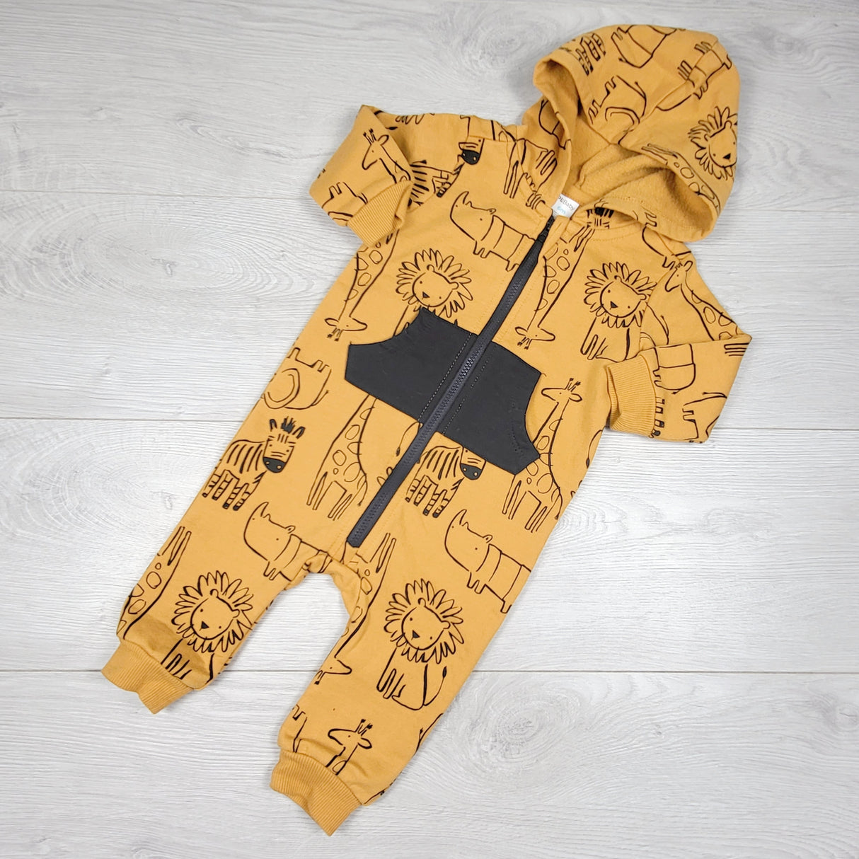 PL Baby fleecy lined hooded sweatshirt romper with jungle animals. Size 6 months
