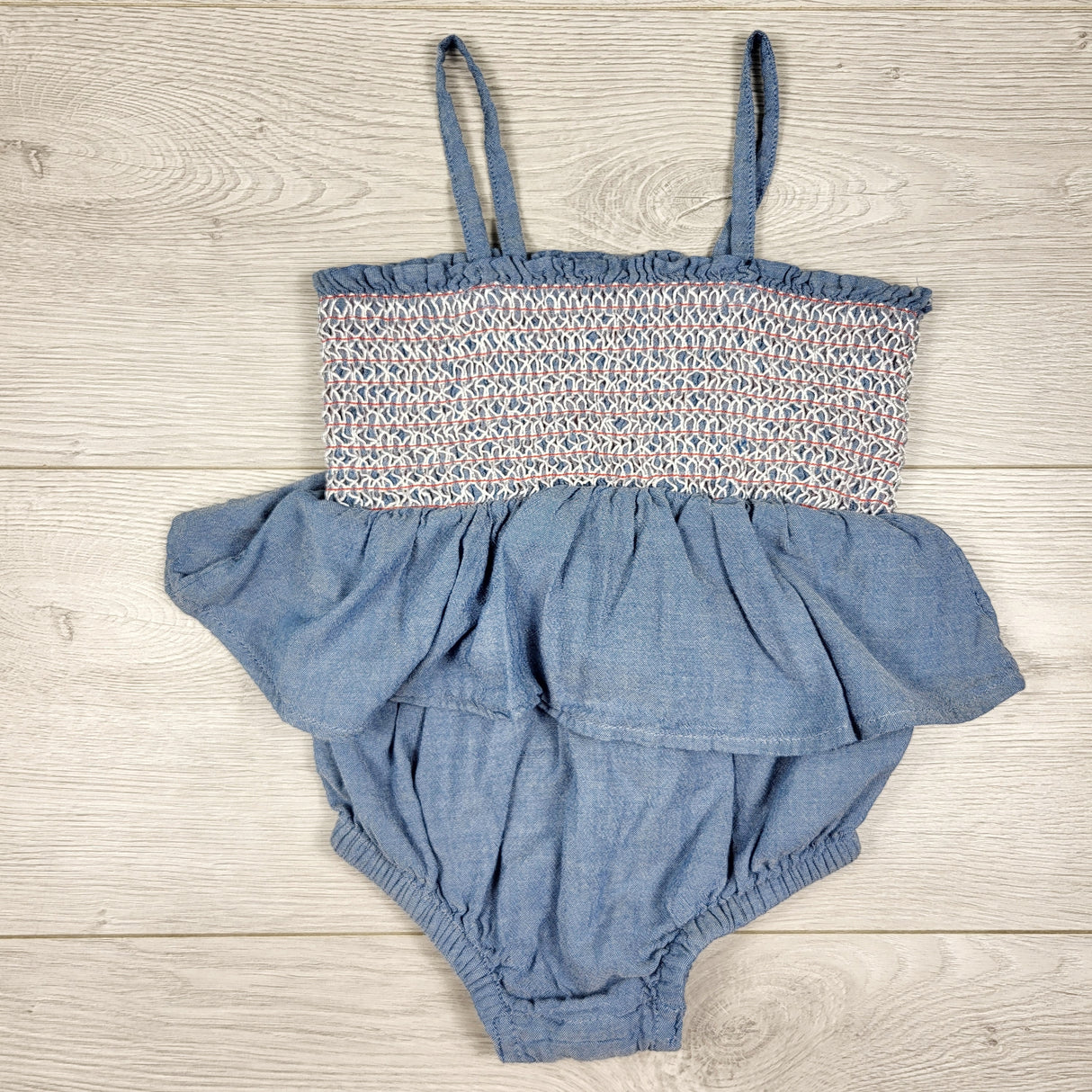 Old Navy smocked chambray tank style bubble romper. Size 12-18 months