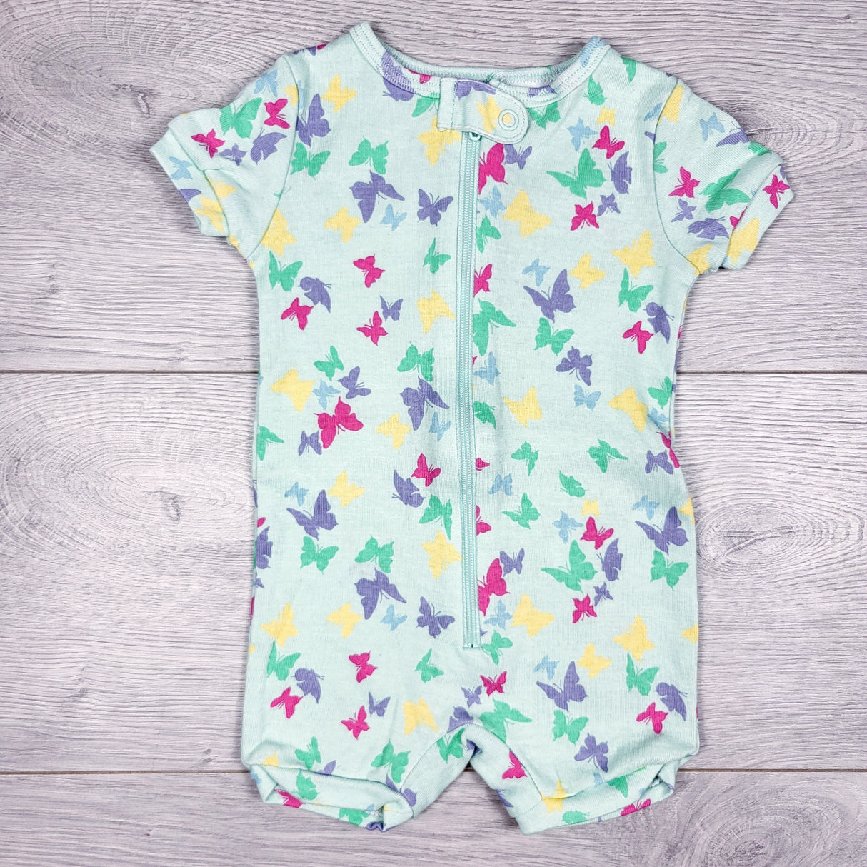 Joe mint green zippered sleep romper with butterflies. Size 3-6 months
