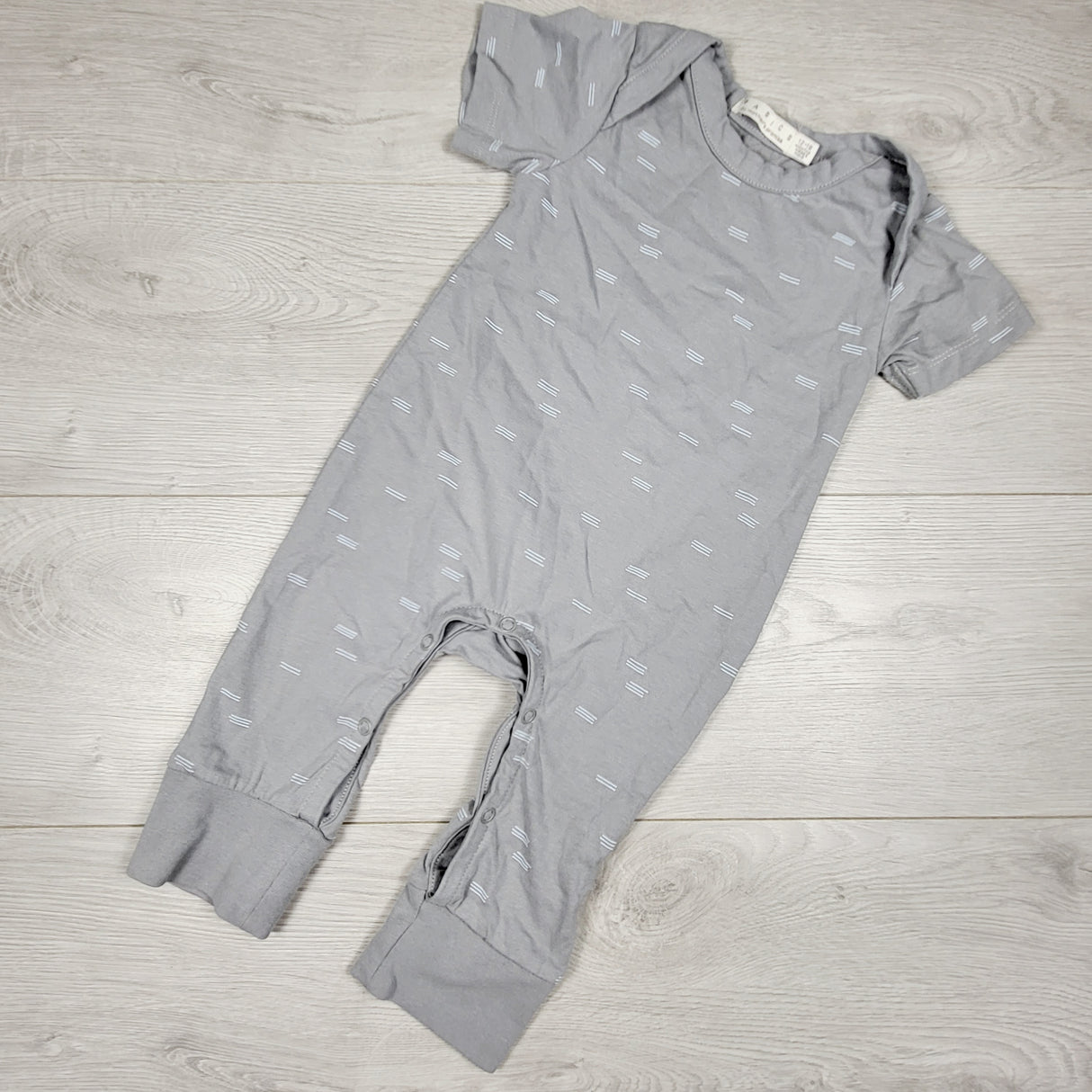 Basics by Mother's Promise grey and blue patterned romper. Size 12-18 months