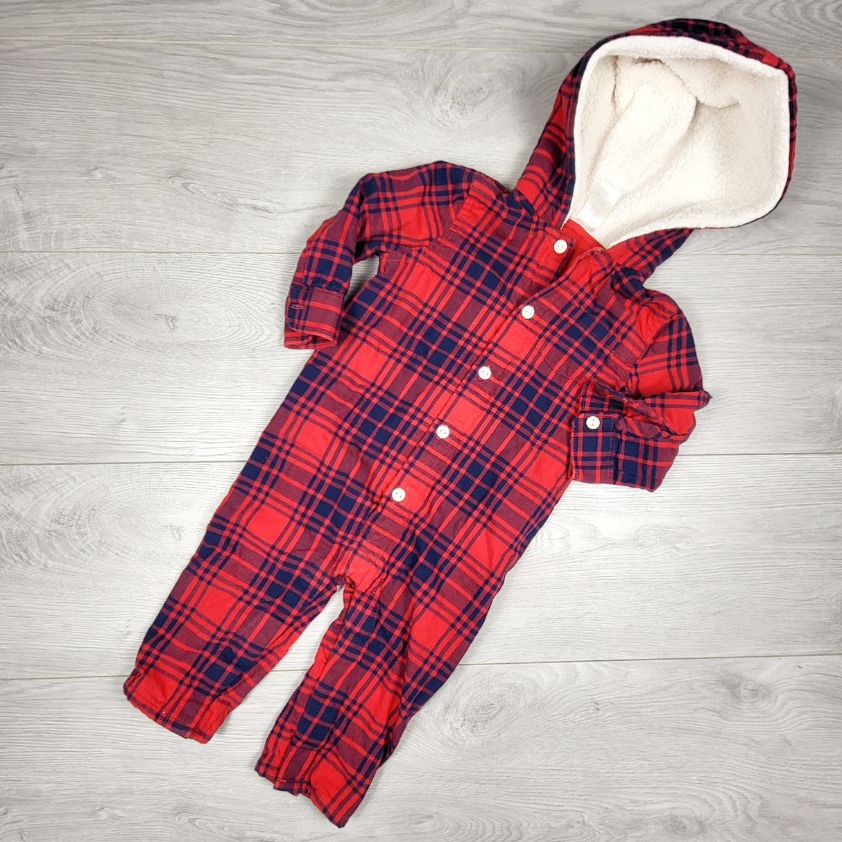 Baby B'gosh hooded plaid romper. Size 12 months