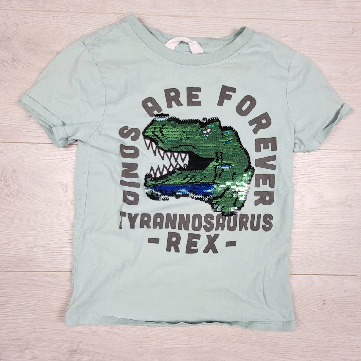 H and M t-shirt with flip sequin T-Rex dinosaur. Size 6-8 Years