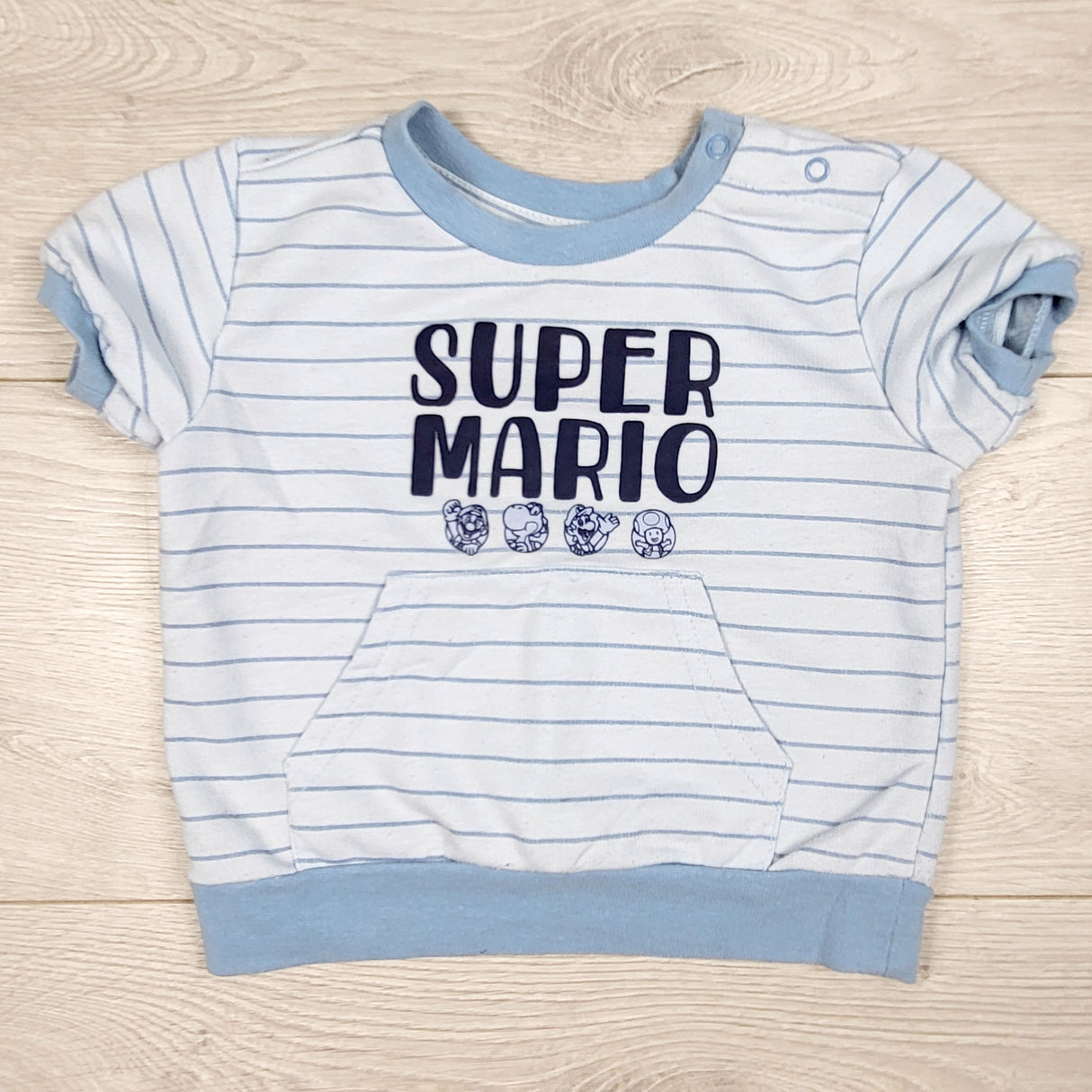 Blue striped short sleeve Super Mario sweatshirt. Size 6-12 months