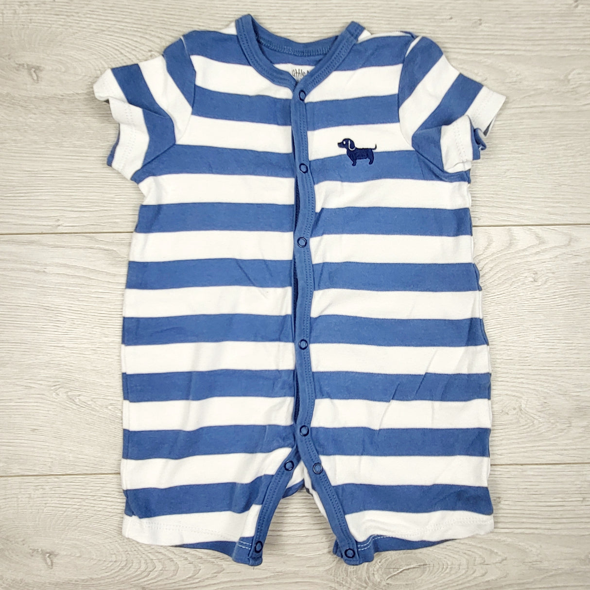 Little Me blue and white striped romper. Size 12 months