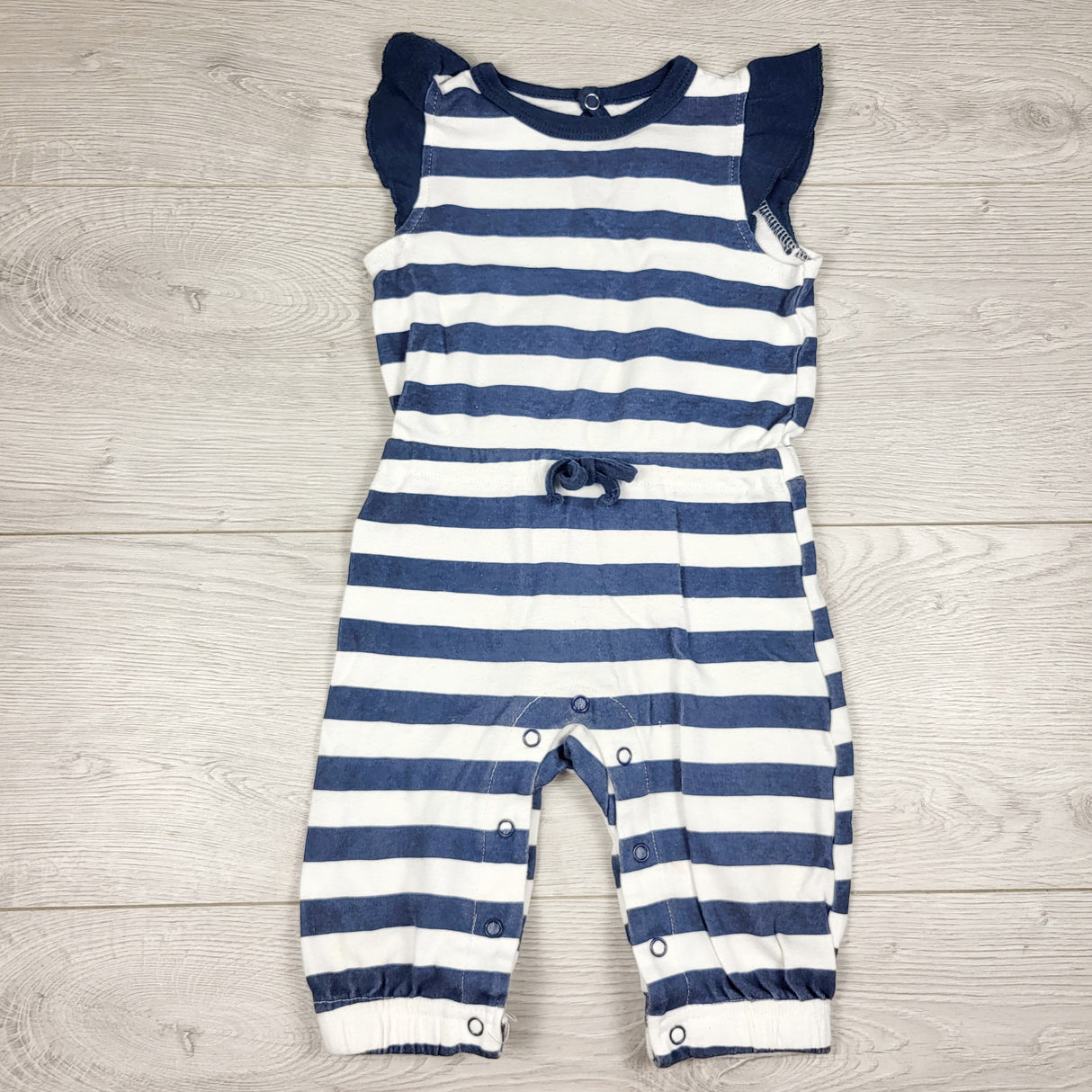 Snugabye blue striped romper. Size 9-12 months