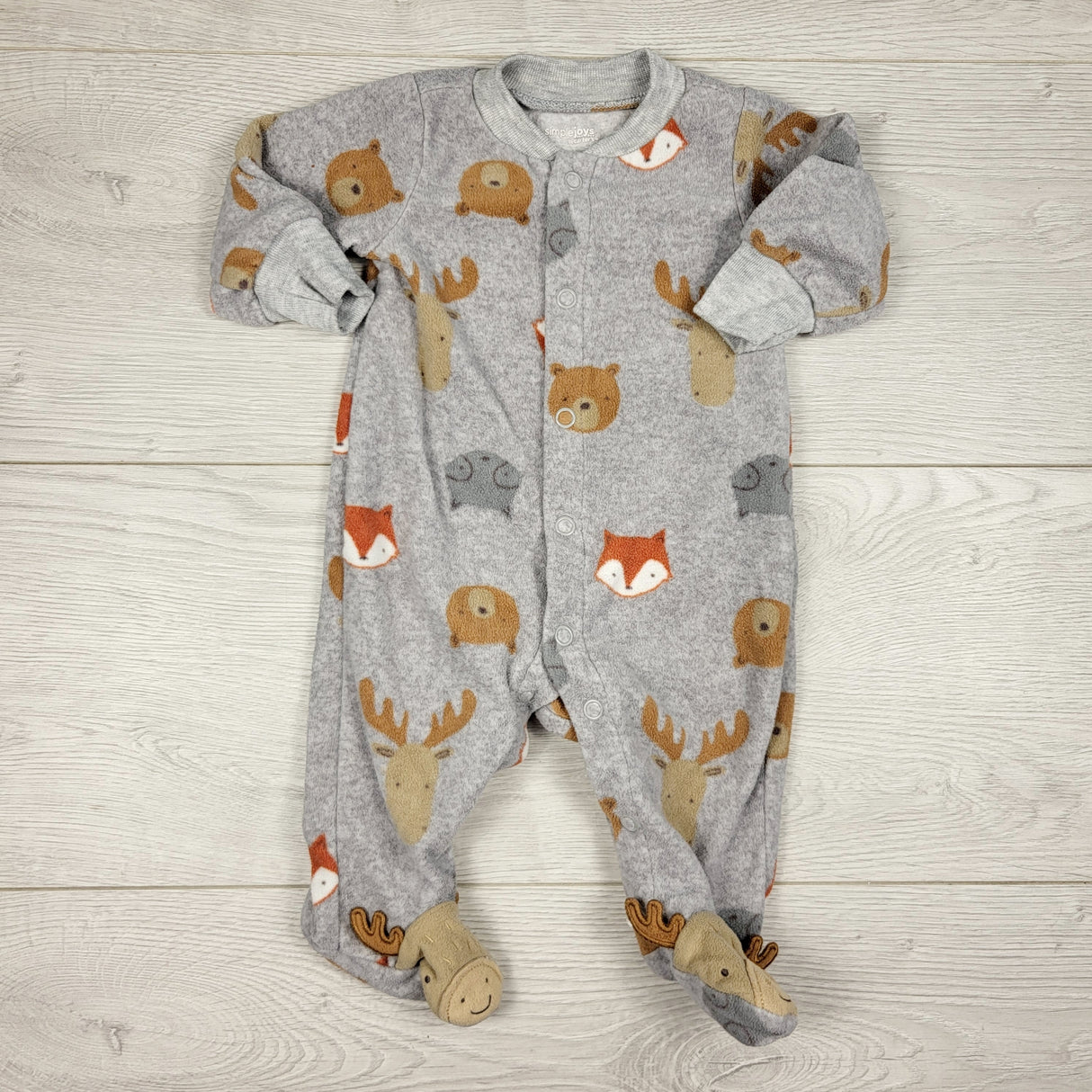 Simple Joys grey fleece sleeper with woodland animals. Newborn size