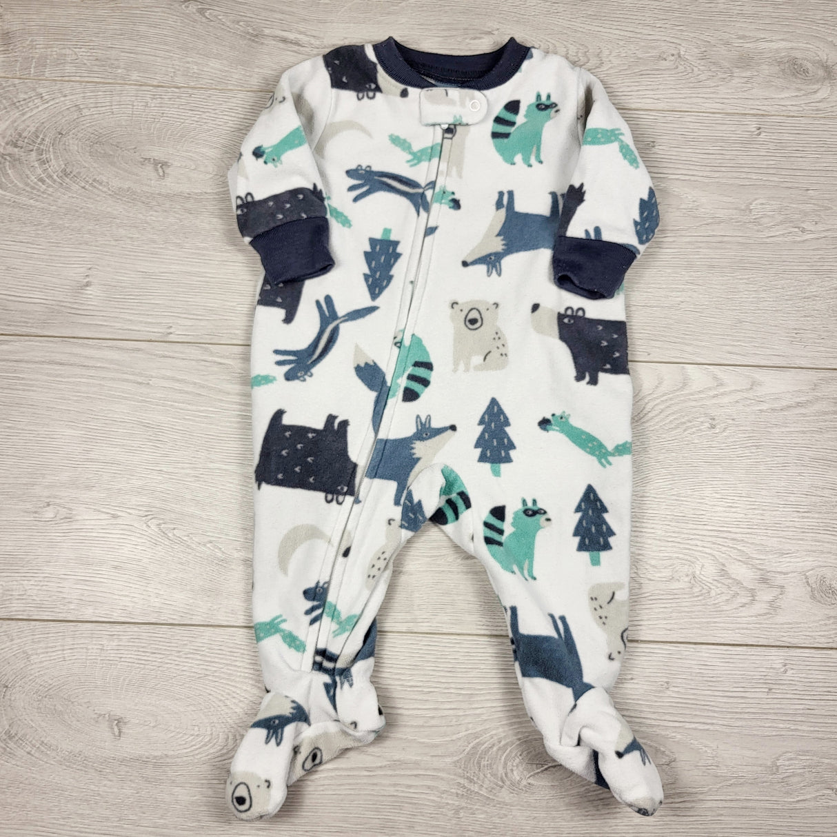 Carters white zippered fleece sleeper with woodland animals. Size 3 months