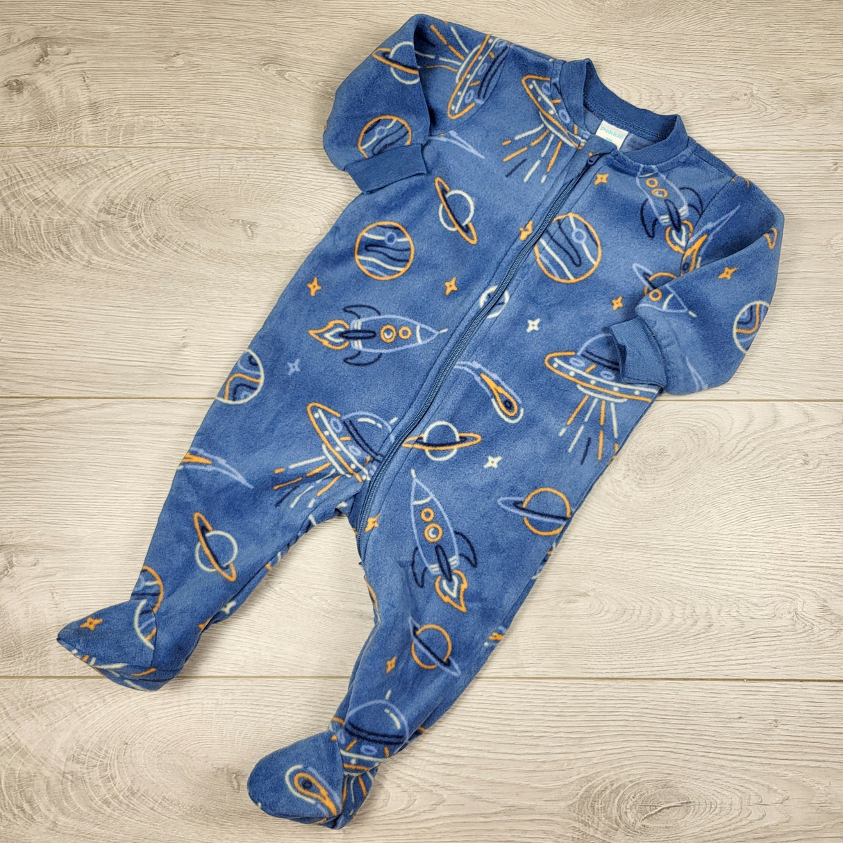 Pekkle blue zippered fleece sleeper with rockets. Size 3 months