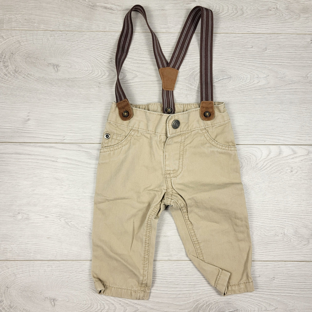 Carters tan twill pants with suspenders. Size 3 months