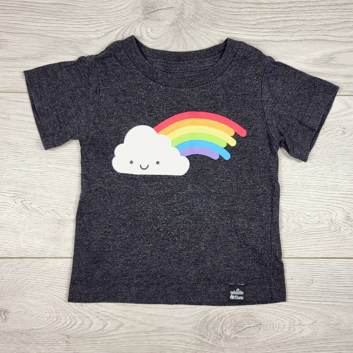 Whistle and Flute grey t-shirt with rainbow. Size 6-12 months
