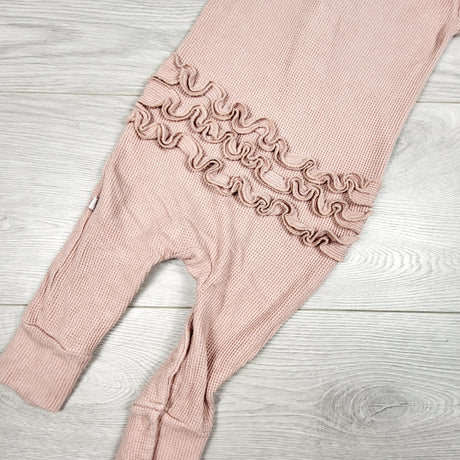 Posh Peanut pink waffle knit bamboo romper with ruffle bum. Size 12-18 months