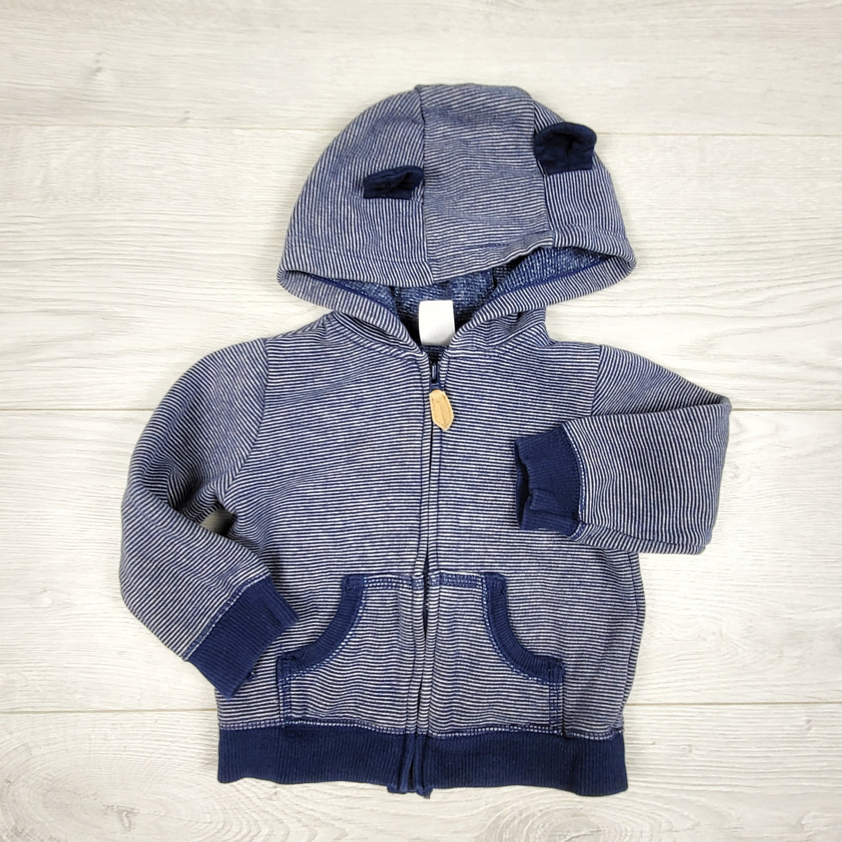 Carters blue striped zippered bear ear hoodie. Size 12 months