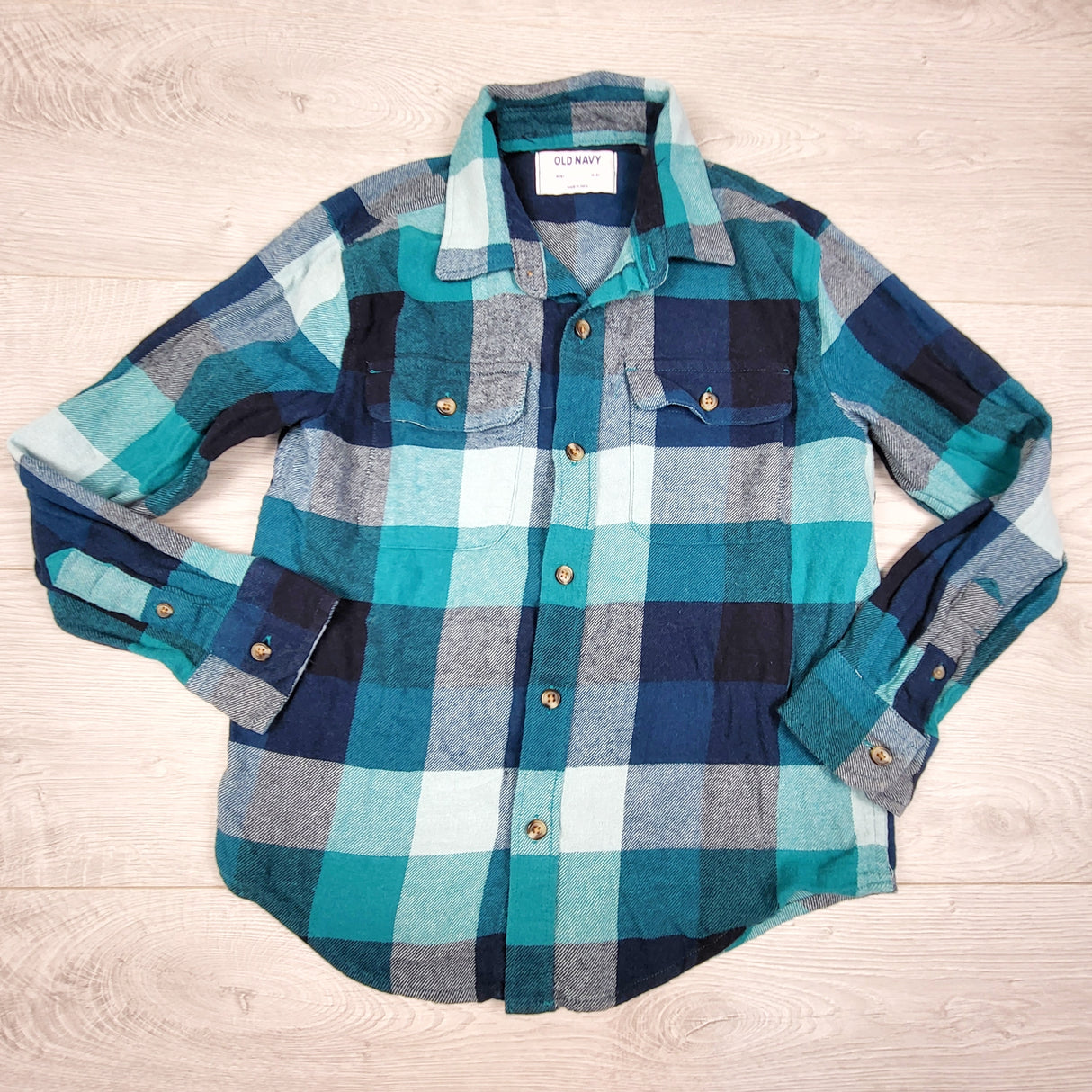 Old Navy teal plaid button down flannel shirt. Size 8