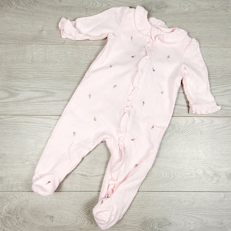 Little Me pink collared sleeper with embroidered flowers. Size 6 months