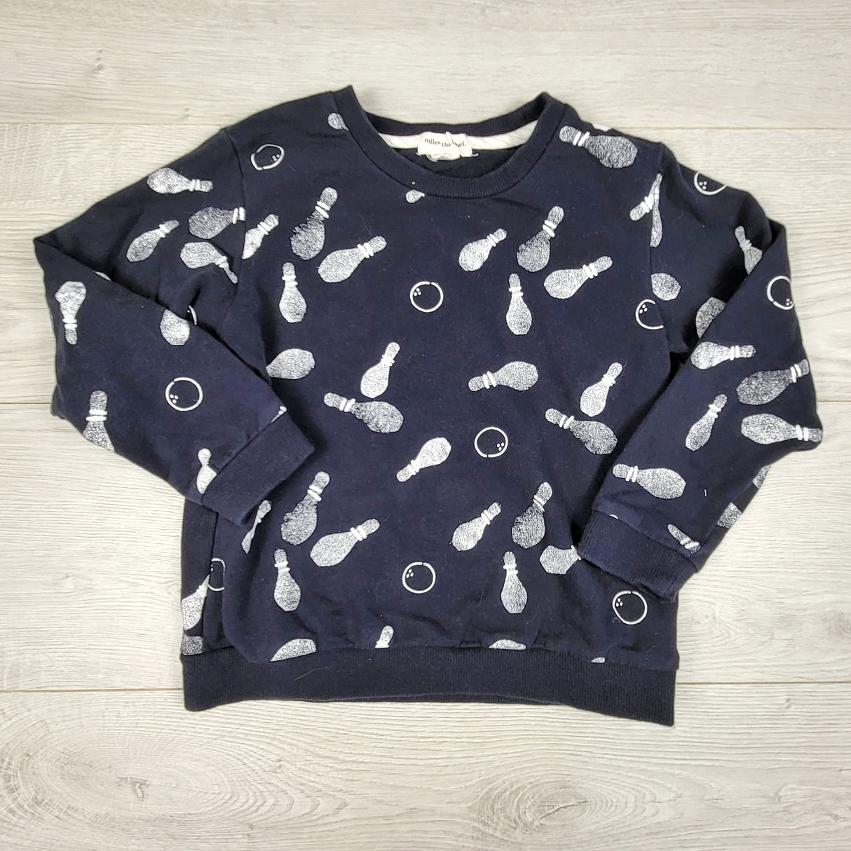 Miles the Label navy crewneck with bowling theme. Size 5T