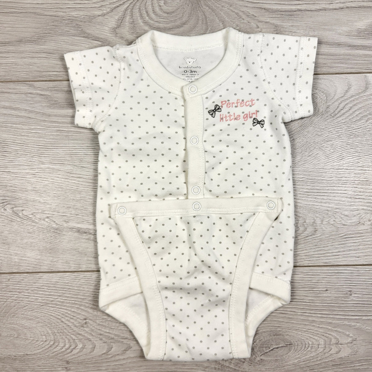 Koala Baby white and grey polka dot diaper shirt. Size 0-3 months