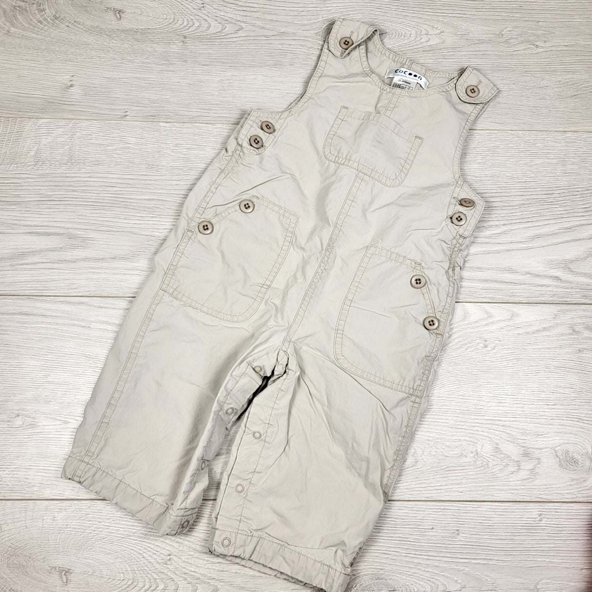 Cocoon Baby grey twill overalls. Size 9-12 months
