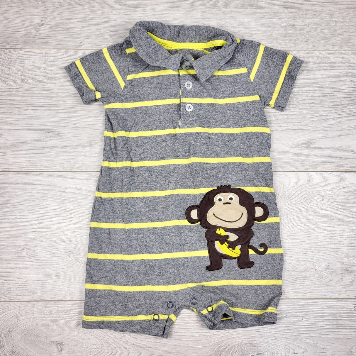 Carters grey striped romper with monkey. Size 18 months