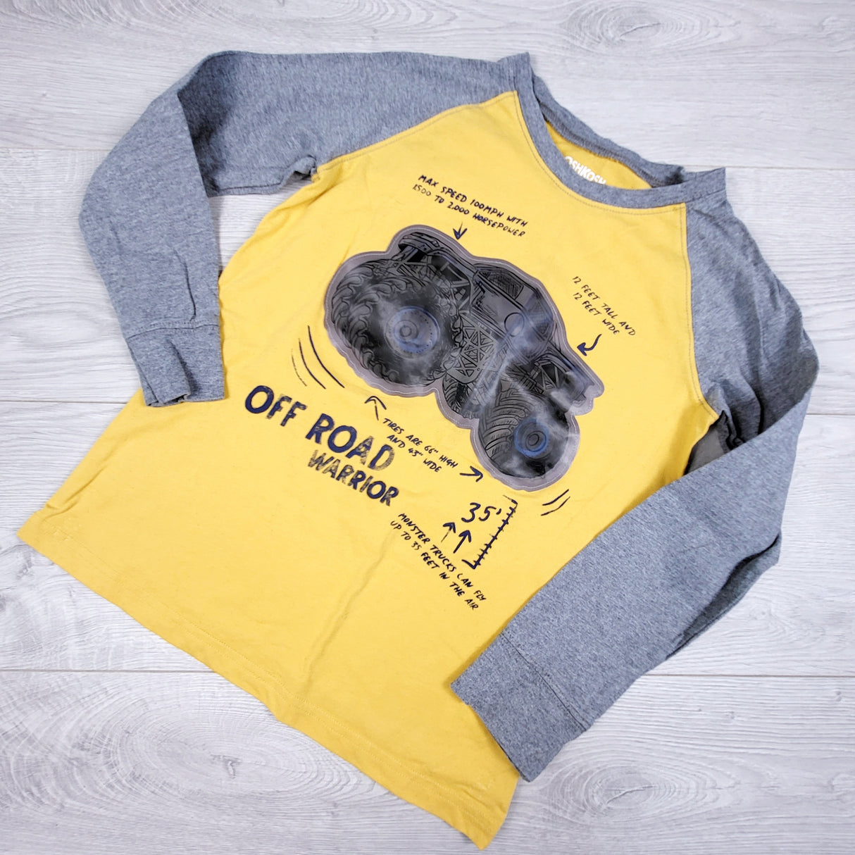 Oshkosh yellow and grey monster truck top. Size 8