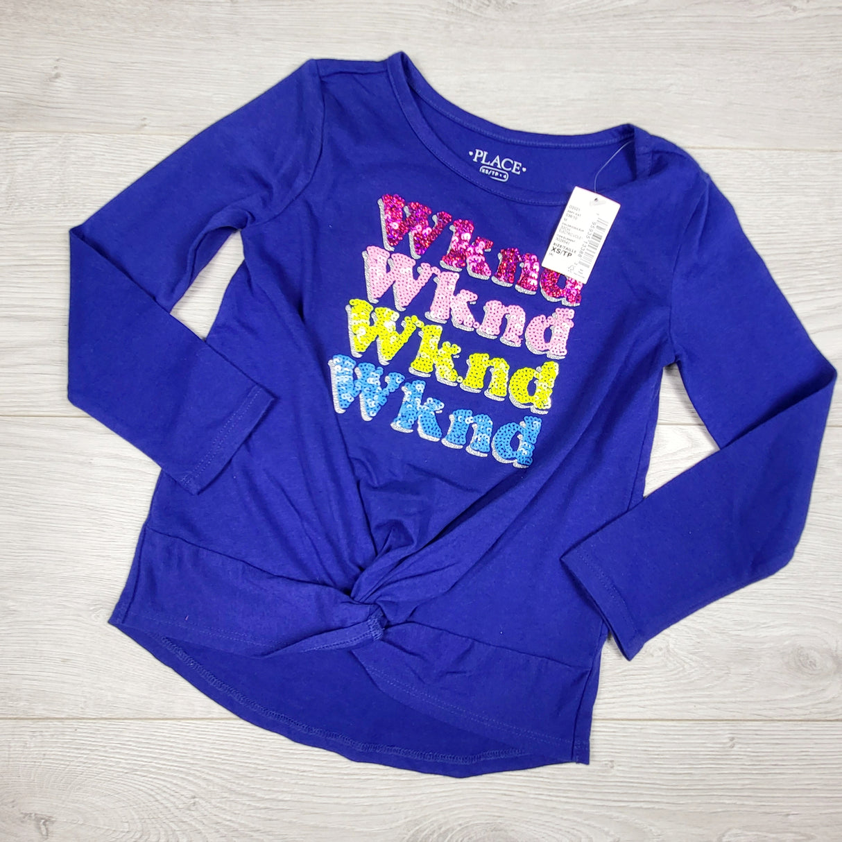 NEW - Children's Place knotted "Wknd" top with sequins. Size 4T